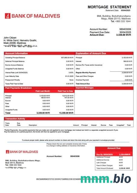 Malediwy Bank of Maldives wyciąg z kredytu hipotecznego szablon Word i PDF